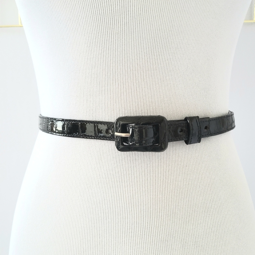 Ann Turk Black Patent Leather Crocodile Animal Print Vintage Belt - Picture 1 of 8